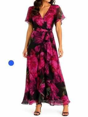 SLNY Floral Maxi Dress Black Pink Faux Wrap Tie Waist Women’s 4 Petite